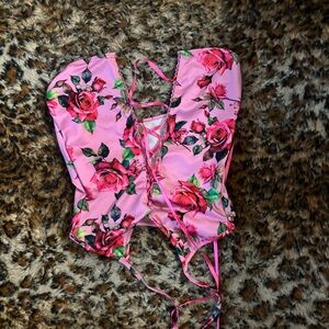 Fashion Nova Pink Floral Lace-Up Bodysuit